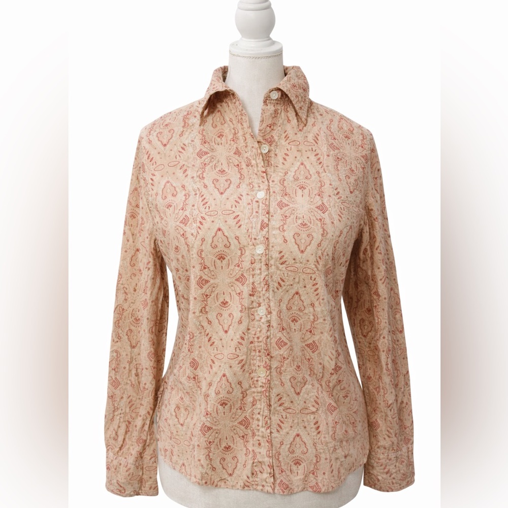 GAP Paisley Button-Up Shirt Top Small S Tan Taupe Boho Chic 🌿